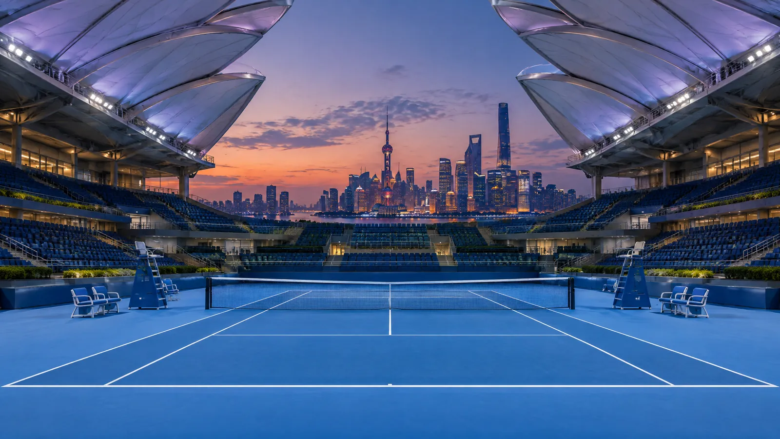 Wide editorial view of an empty blue hard tennis court beneath the flower-shaped retractable roof at a modern Shanghai arena before the 2026 Masters tournament