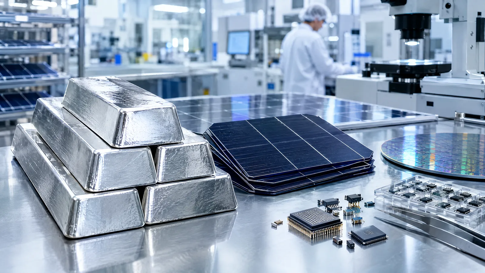 Technician inspecting photovoltaic panels beside neatly stacked silver bars in an industrial laboratory