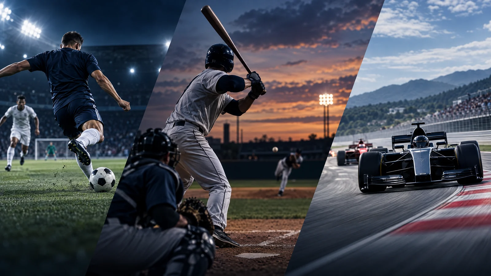 Wide original editorial scene of anonymous football supporters, a baseball diamond and a stock car racing under early-evening stadium lights, with no visible branding, text or logos