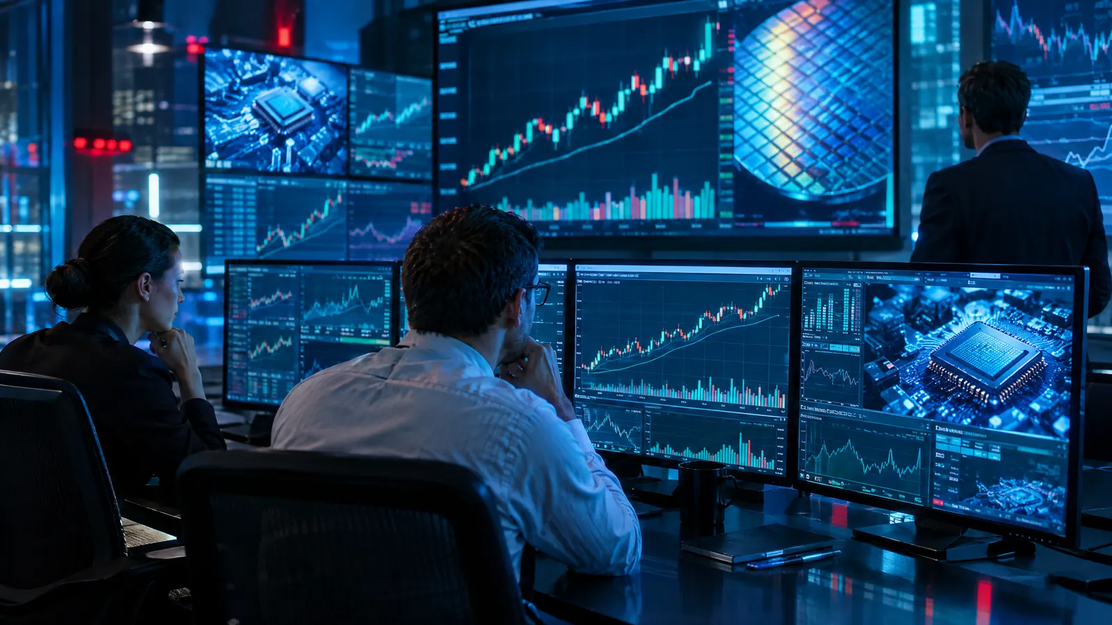 Editorial photograph of a market analyst viewing global equity charts on several monitors in a modern newsroom