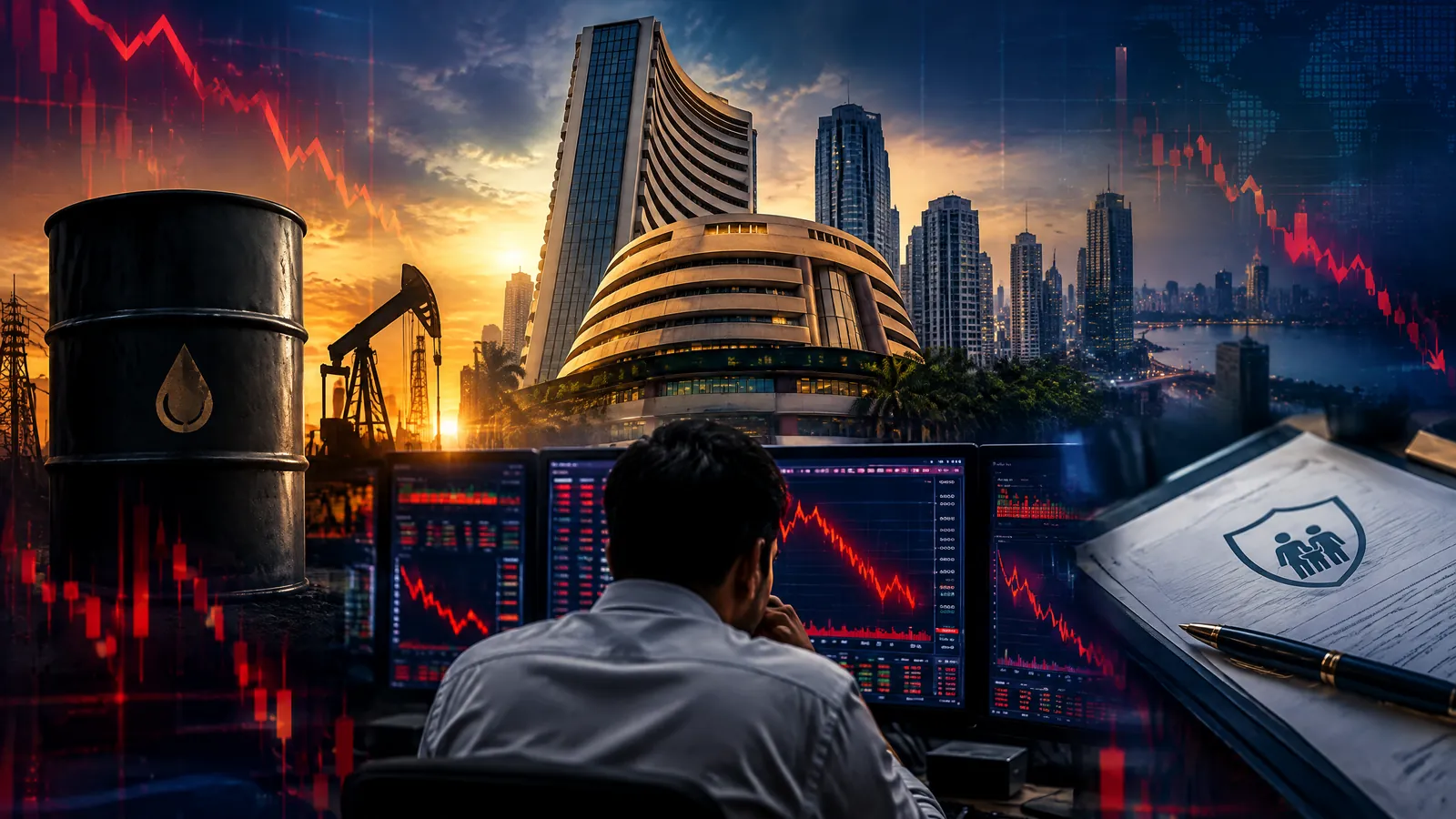Stock market India scene with a Mumbai trading screen, falling red market lights, an unbranded oil tanker and a subtle insurance policy document