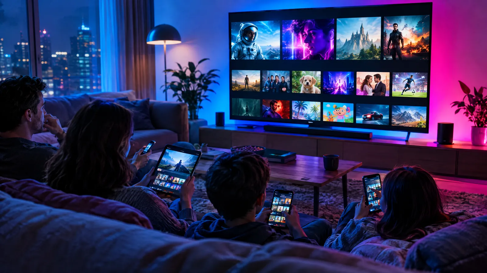 A family in a Mumbai living room compares a multilingual streaming menu on a television while one person holds a phone