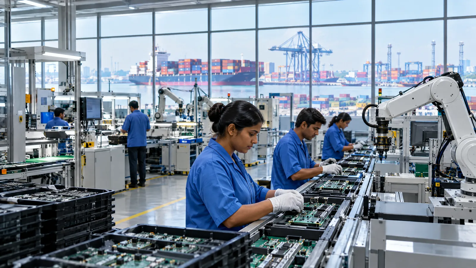 Engineers inspect electronic components on an assembly line in an Indian manufacturing facility.