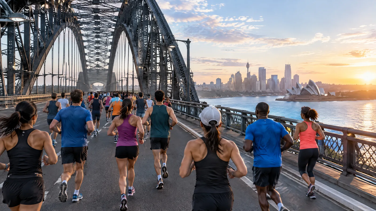 Anonymous marathon applicants running across a broad Sydney harbour bridge at dawn, with blue water and a sculptural white waterfront building in the distance