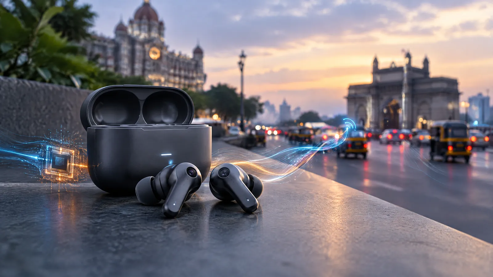 Technology news illustration of discreet AI earbuds with a tiny contextual camera and soft Wi-Fi signals, set against a blurred Indian city street