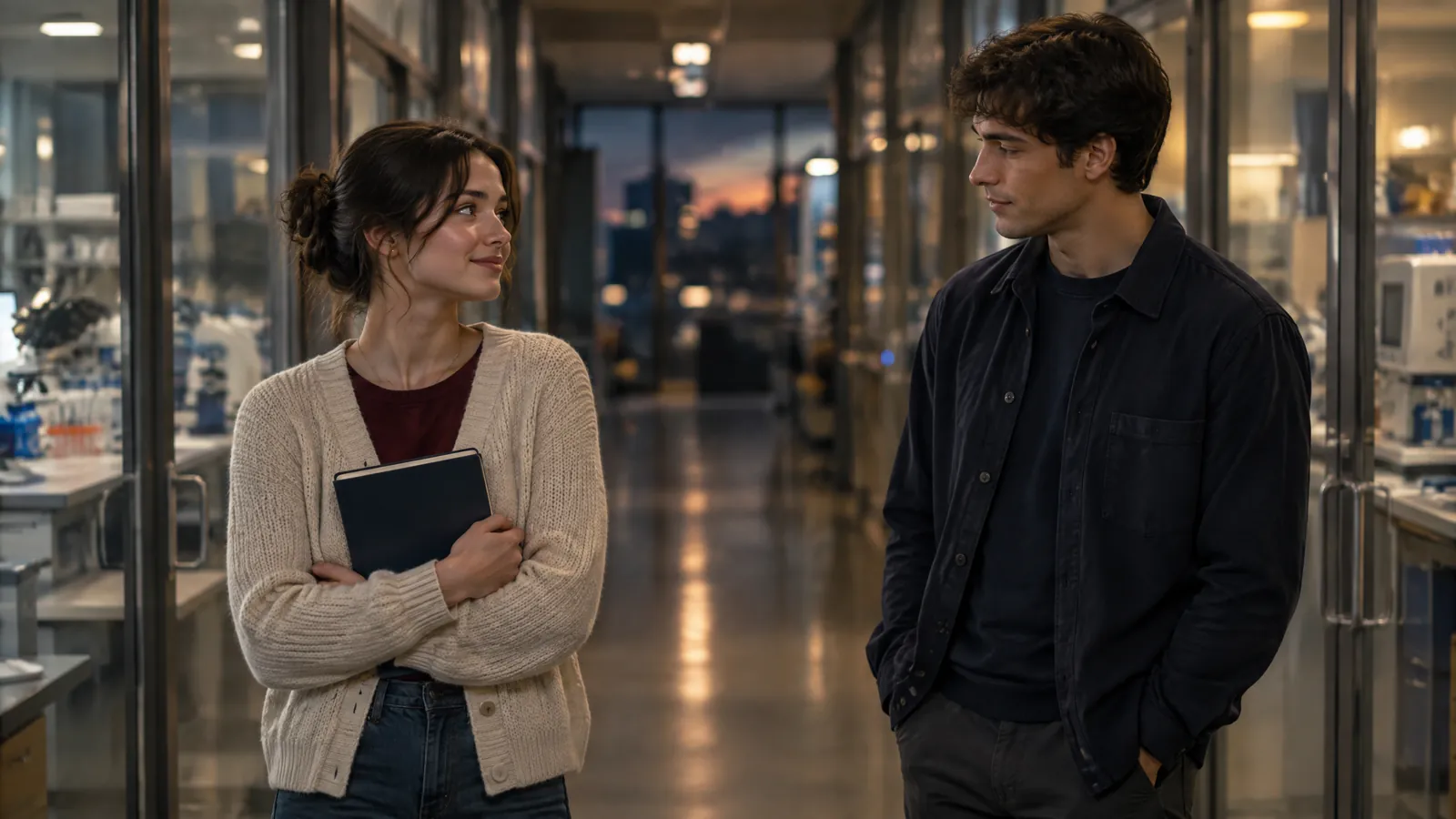 Editorial image of two fictional young scientists sharing an awkward, warm moment in a university laboratory corridor