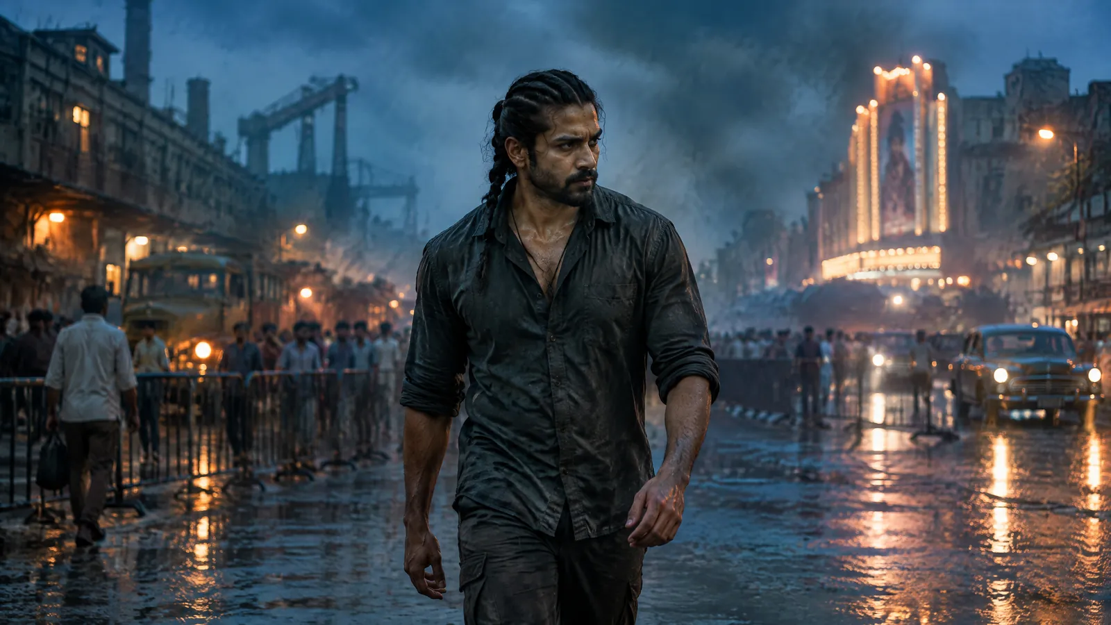 Editorial illustration of a lone action-film protagonist walking through a smoky 1980s Hyderabad-inspired street at dusk