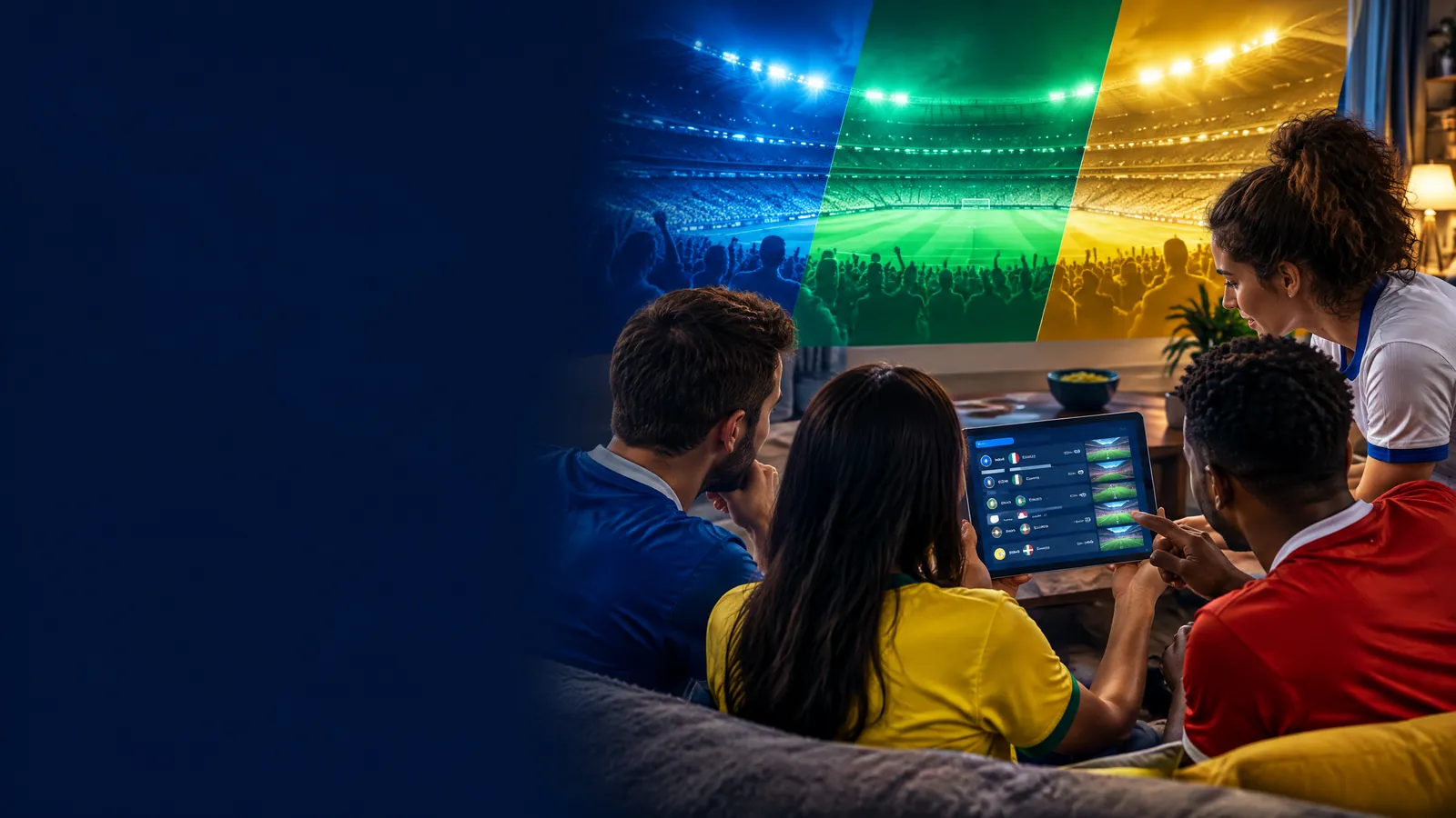 Original editorial illustration of fictional football supporters checking a live match schedule beside a floodlit pitch
