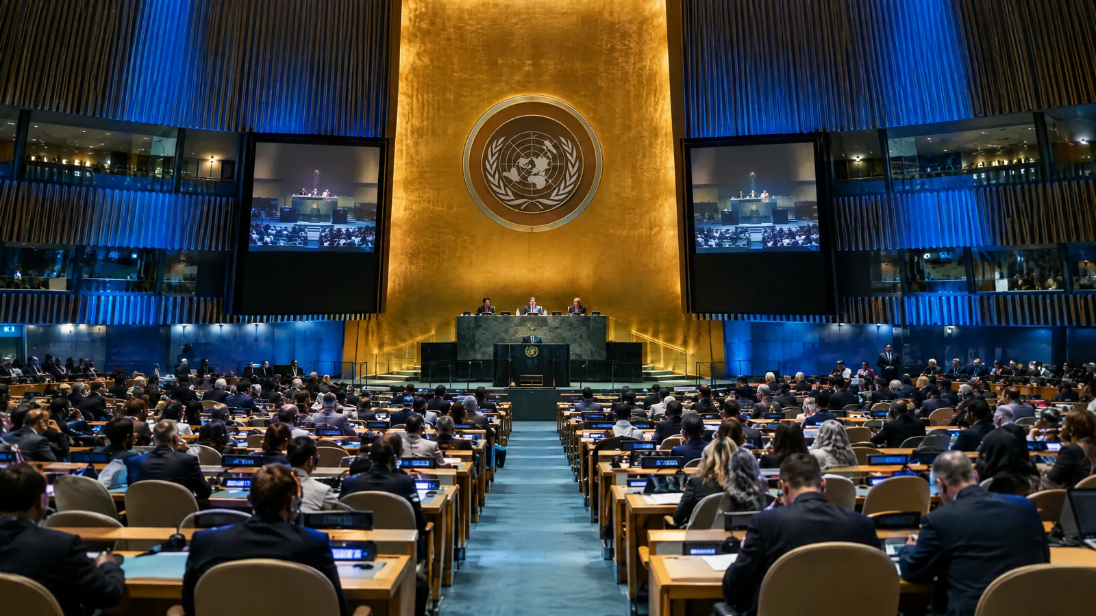 Delegates and interpreters seen from the gallery during a United Nations General Assembly session in New York.