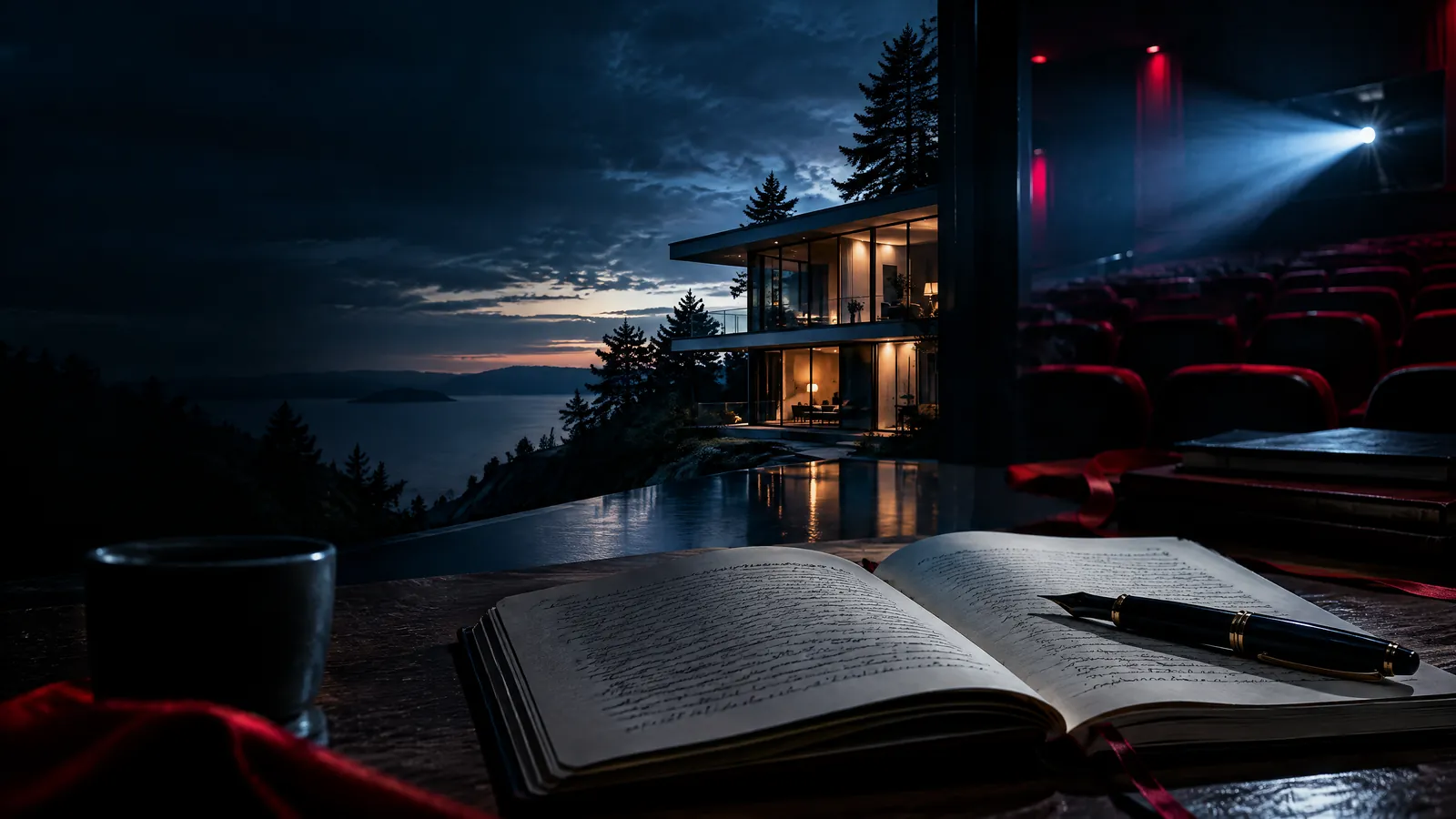 Open manuscript beside a dark cinema and an isolated modern house at dusk