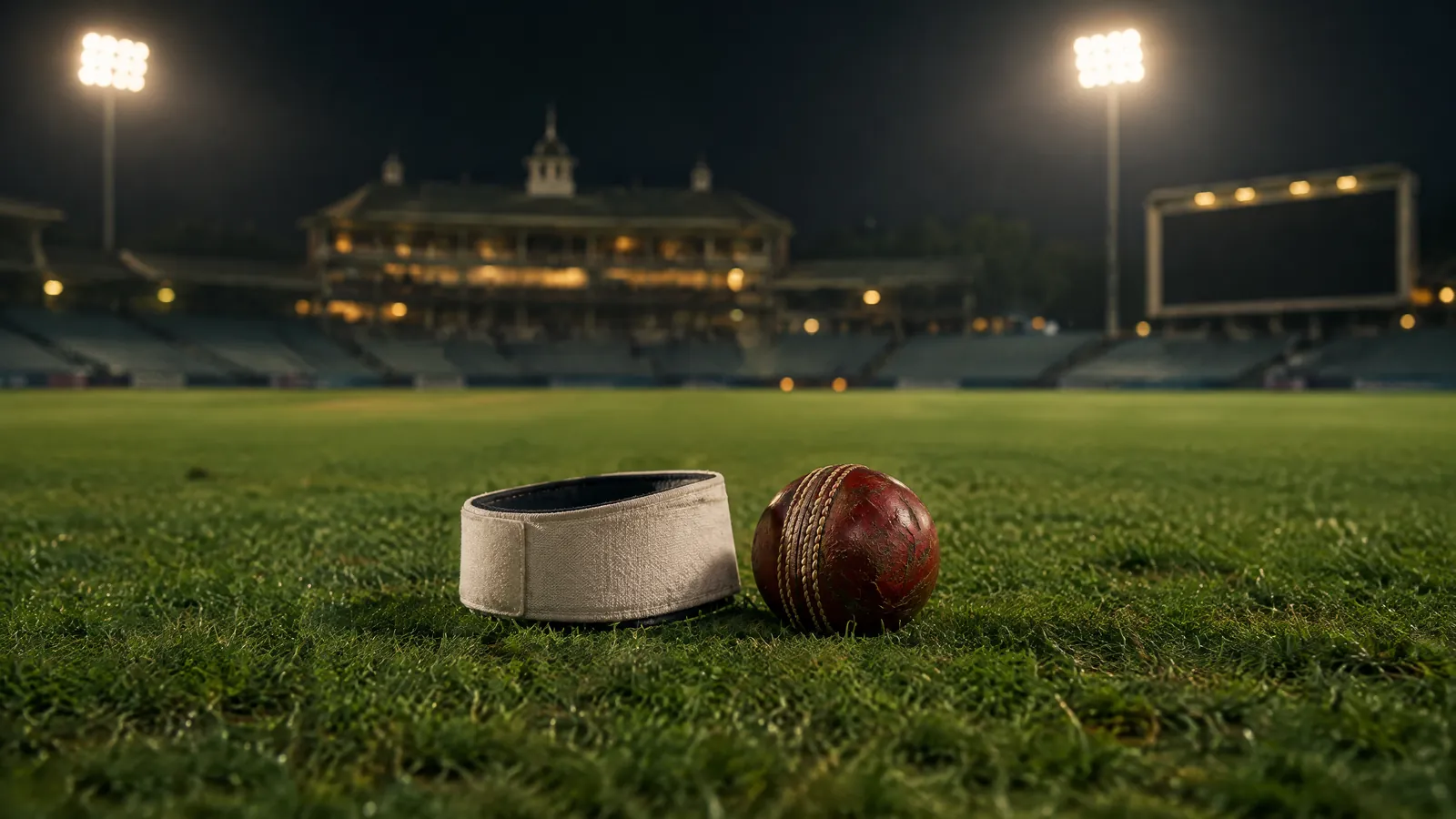 An empty cricket pavilion under floodlights with a plain captain’s armband and red ball on the grass after play