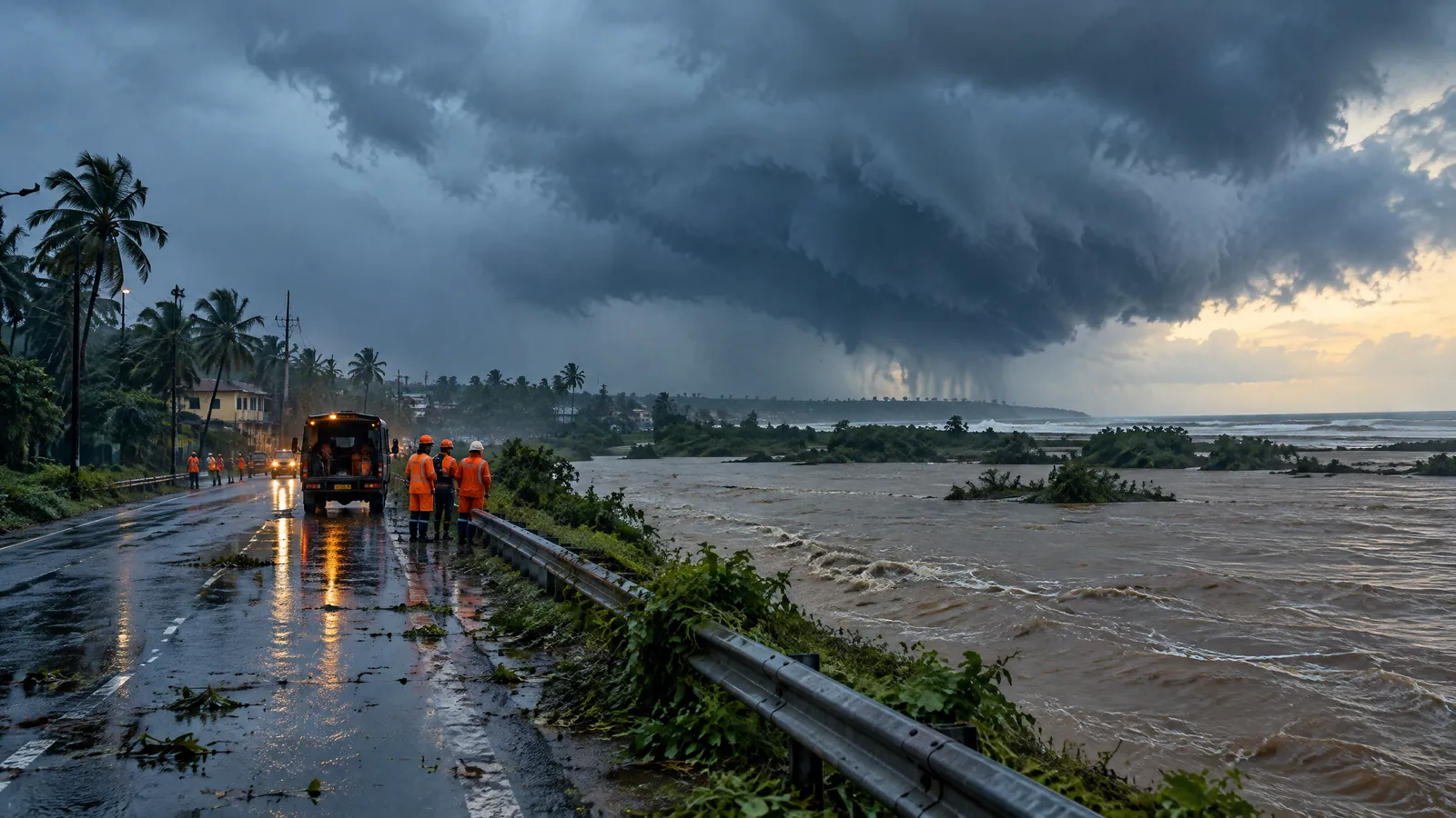 Weather India editorial illustration showing heavy monsoon rain moving inland across eastern India with a flooded low-lying road safely in the foreground