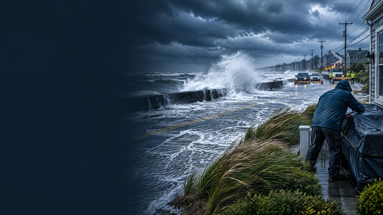 Original editorial illustration of high winds and coastal flooding affecting a US waterfront road during a coastal storm