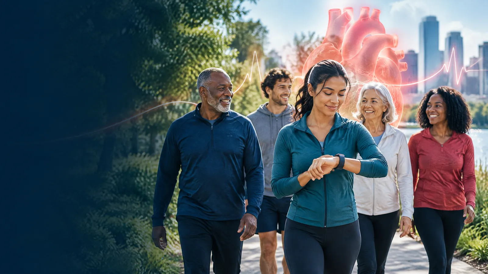 Editorial illustration of a diverse group walking in a park with a symbolic heart and pulse line